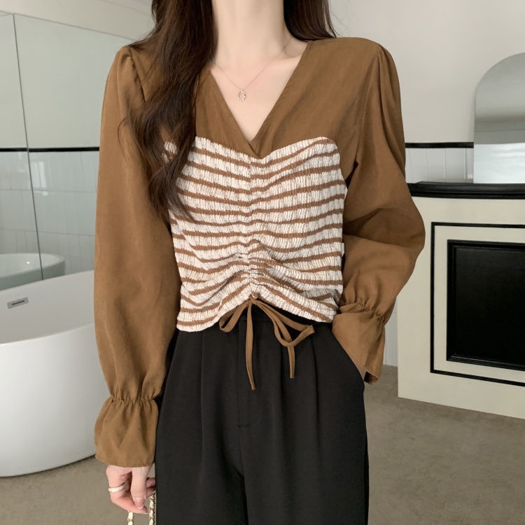 Áo Kiểu Tay Dài Cổ Chữ v Kẻ Sọc Phối Dây Rút Xếp Ly Thời Trang Mùa Thu