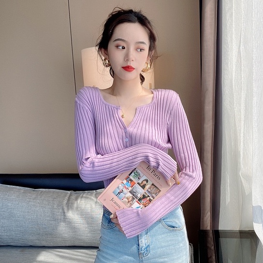 Áo cardigan dệt kim ZHELIHANGFEI tay dài cổ chữ V dễ phối đồ