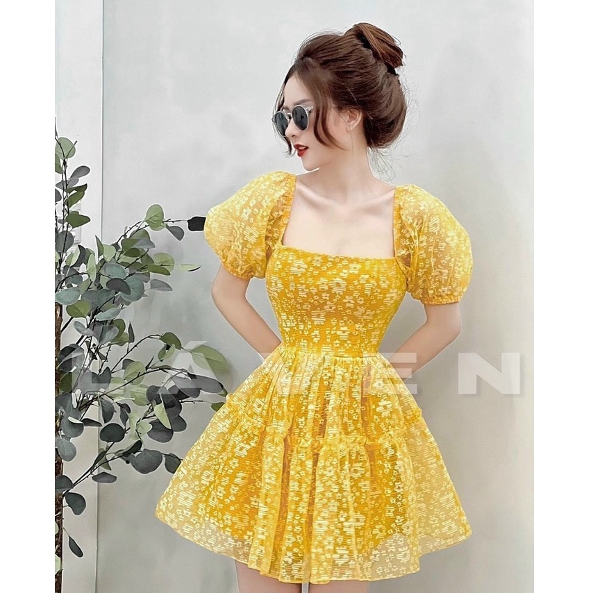 Đầm Đi Biển Đi Tiệc Hở Lưng Sang Chảnh Thiết Kế Cổ Vuông Tay Phồng Nữ Tính Hai Màu Vàng Và Be Xinh Xắn Thời Trang Mp