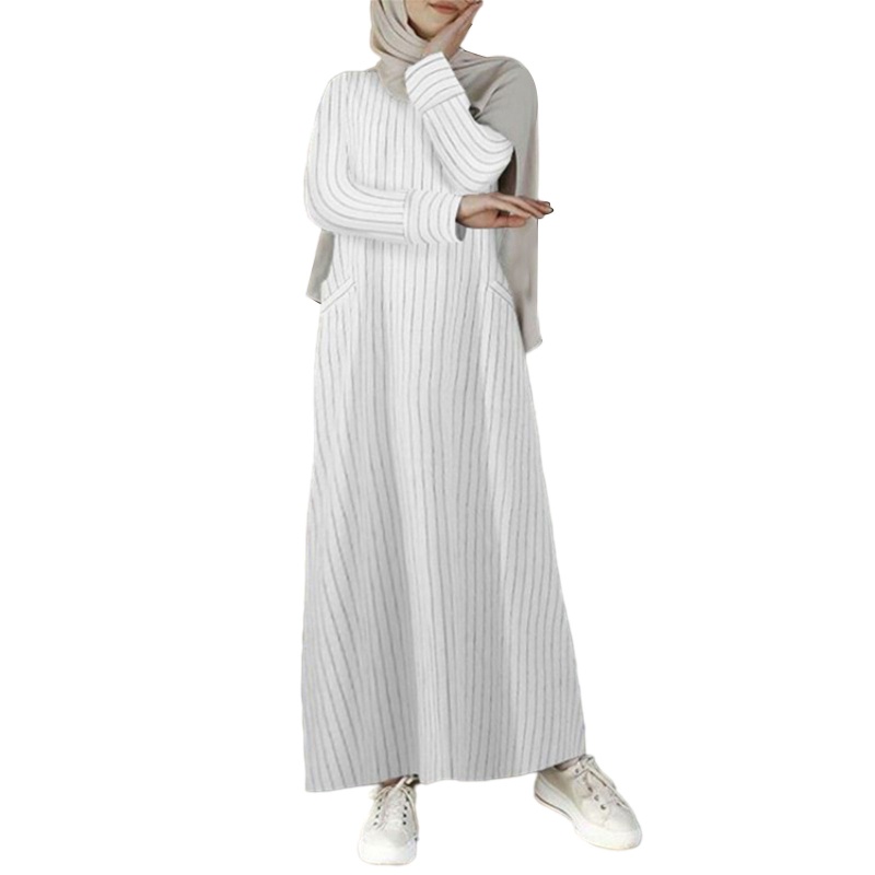 Đầm Maxi Chữ A Tay Dài Chất Cotton Lanh In Họa Tiết Kẻ Sọc Phong Cách Abaya Thổ Nhĩ Kỳ Dành Cho Phụ Nữ Hồi Giáo