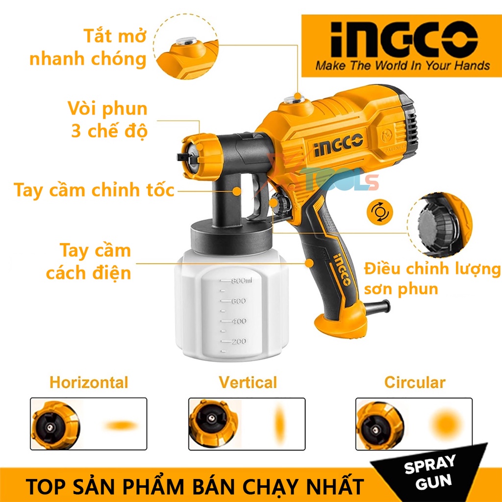 Máy phun sơn INGCO SPG3508 Công suất 450W, Súng phun sơn áp suất 0.1-0.2bar, bình chứa 800ml, kèm 1 cốc đo lường độ nhớt