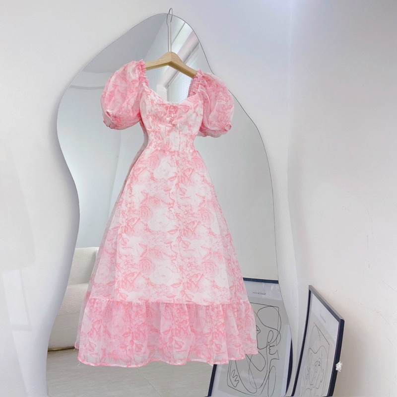 Đầm maxi hoa hồng voan cúp ngực tay phồng đi biển/du lịch NÀNG CLOSET
