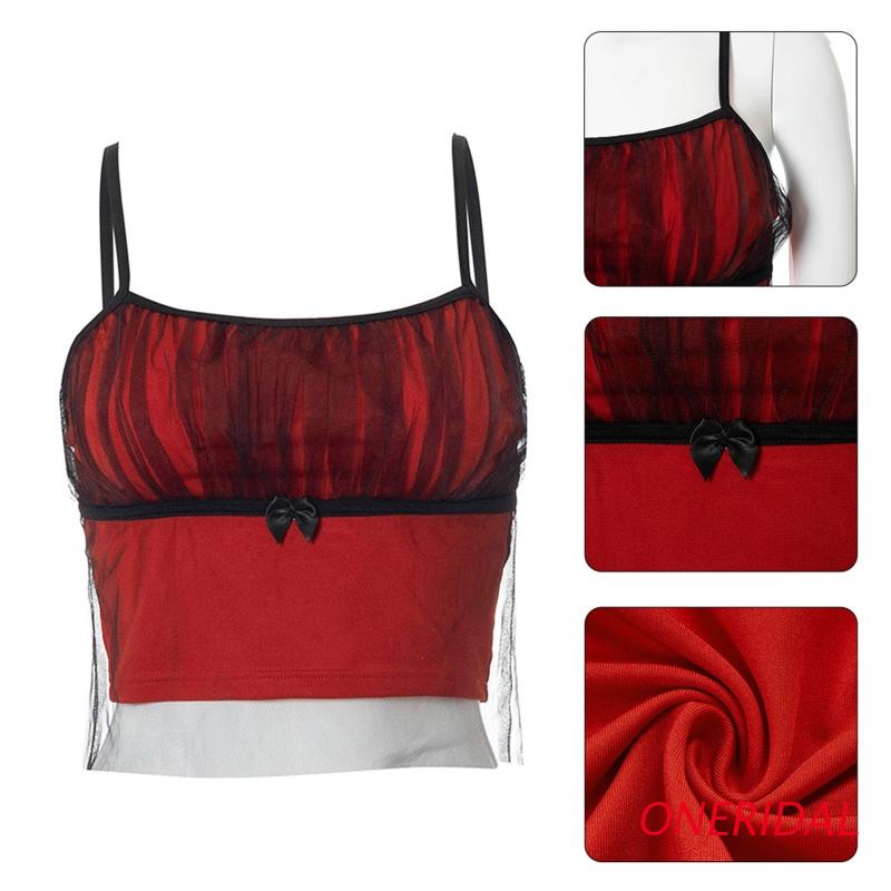 Áo croptop hai dây hai lớp phối lưới màu trơn đính nơ trước ngực phong cách Harajuku thời trang mùa hè cho nữ