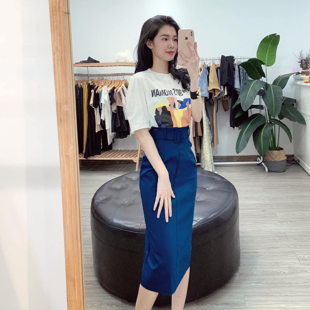 Sét áo cô gái zúm tay bồng mix chân váy xẻ kèm đai
