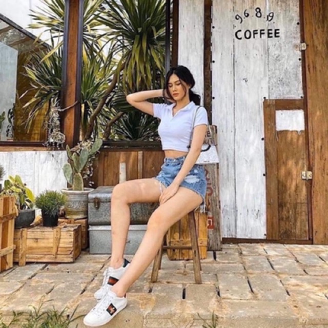 Áo thun croptop cổ bẻ trơn | BigBuy360 - bigbuy360.vn