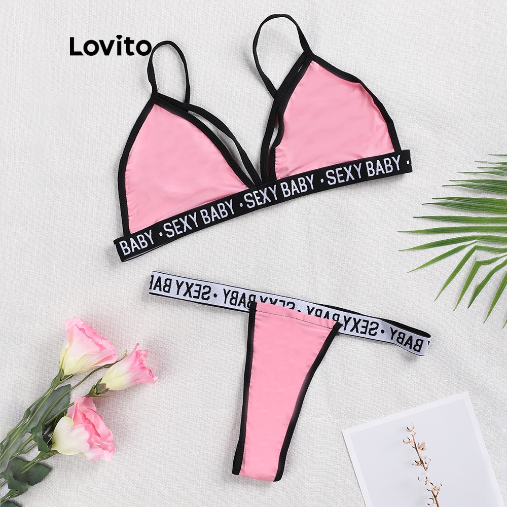 Đồ bơi hai mảnh Lovito in họa tiết chữ sexy L00307 (hồng/xám) | BigBuy360 - bigbuy360.vn