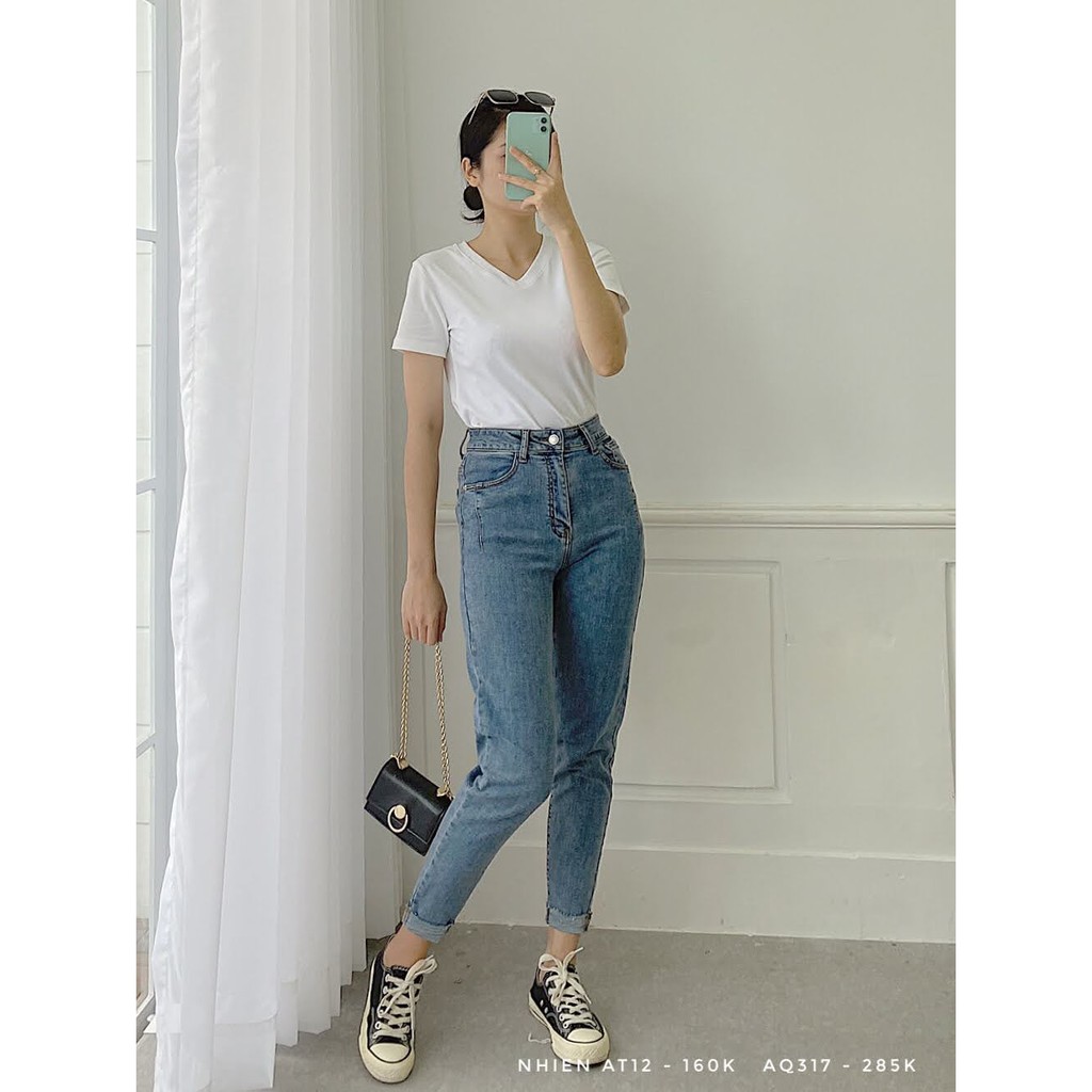 Áo thun nữ cổ tim Nhiên vintage phông trơn cộc tay kiểu basic AT12 | BigBuy360 - bigbuy360.vn