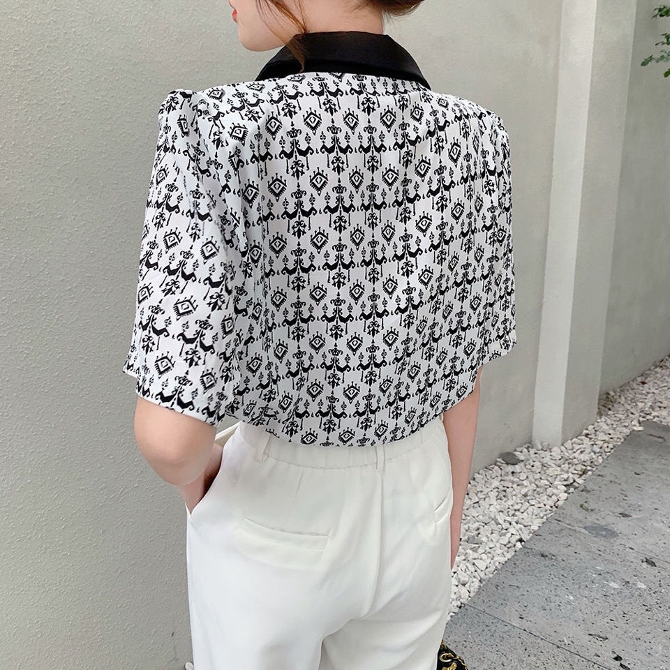 Áo Sơ Mi Tay Ngắn Phồng Cổ Bẻ In Họa Tiết Phong Cách Pháp Thời Trang Mùa Hè Mới Cho Nữ