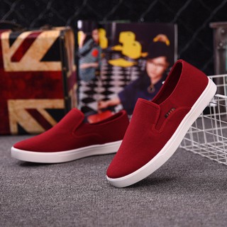 [+1 Đôi Tất Lười] Giày Lười Vải Nam Thời Trang Đỏ Đậm