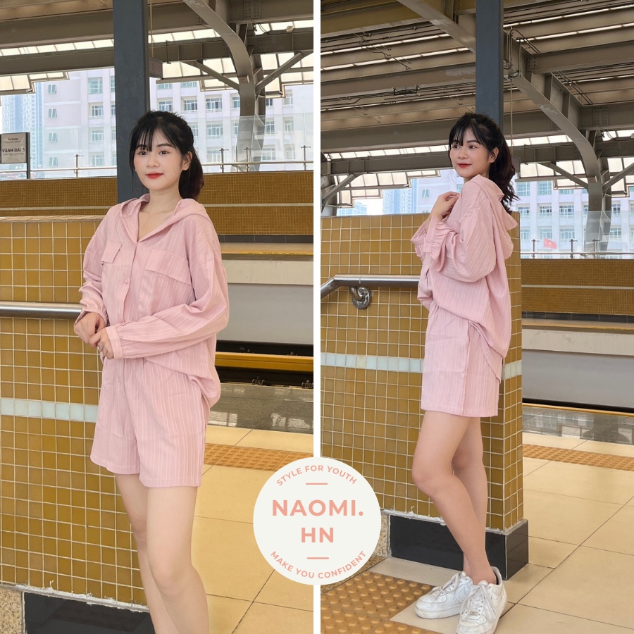 Set áo sơ mi dài tay có mũ kèm quần short thể thao năng động Hàn Quốc. Set đồ nữ form rộng sọc kẻ nổi độc lạ chất mát.
