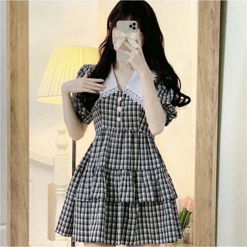 ĐẦM CARO ĐEN PHỐI CỔ TRẮNG TẦNG