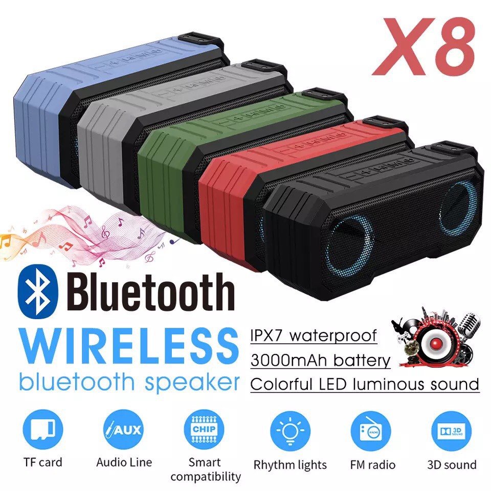 Loa Bluetooth Chống Nước Không Dây X8 (16w) Pin Trâu Nghe Nhạc Hay 12 Giờ Liên Tục Ấm Bass Mạnh USB Thẻ Nhớ AUX