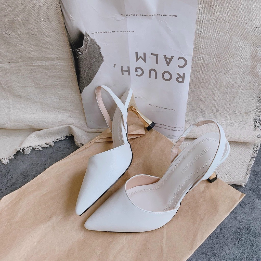 Sandal bít mũi chất lụa quai chun sau gót nhọn mạ - 7P