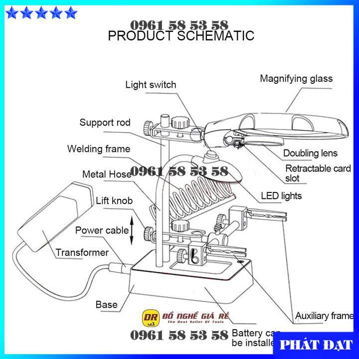 Kính lúp soi kẹp hàn mạch điện tử đa năng có 5 đèn Led phóng đại 2,5X 7,5X 10X (DCG)