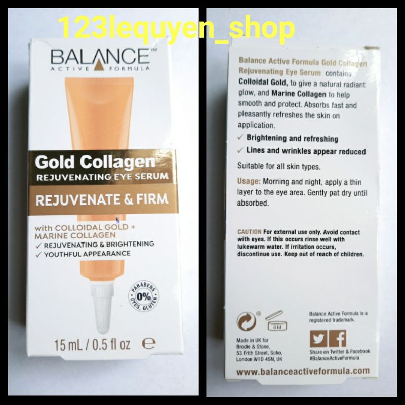 Kem Mắt Tái Tạo Và Dưỡng Da Mắt Balance Active Formula Gold Collagen Rejuvenating eye 15ml