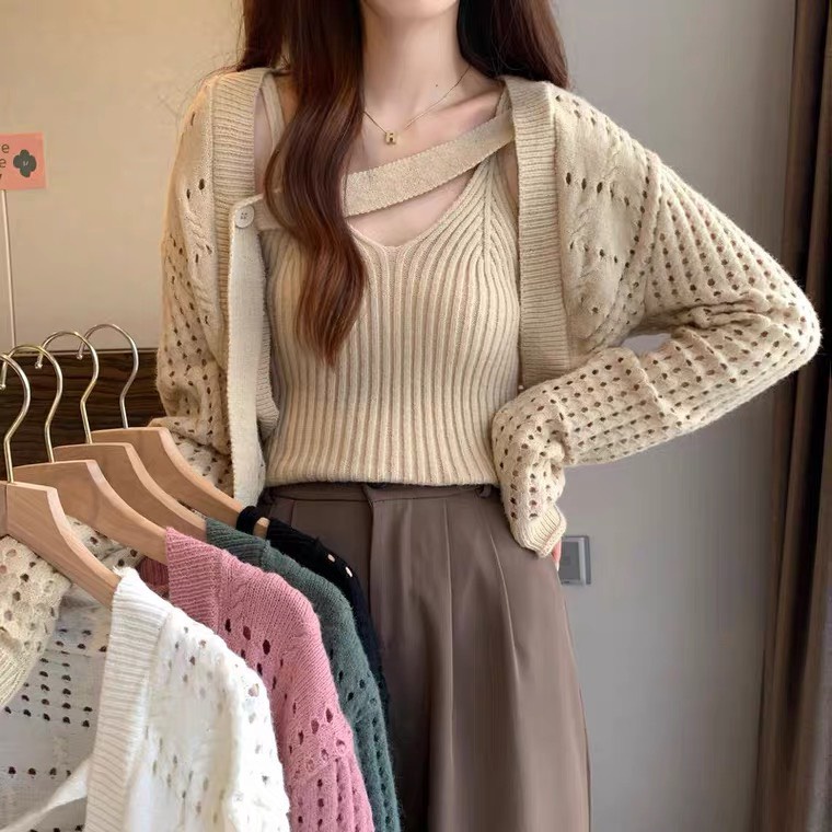 Set cardigan 2 món len lưới dây khuy Hàng QC SĐ04