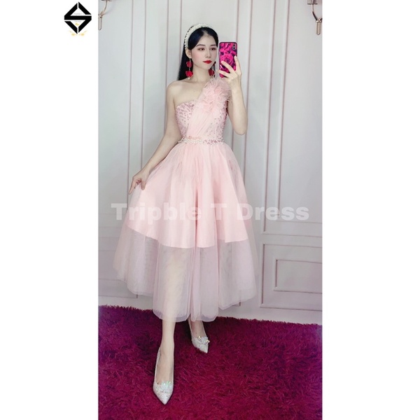 Đầm xoè dự tiệc lệch vai kết cườm và hoa nổi TRIPBLE T DRESS - size M/L - MS149V