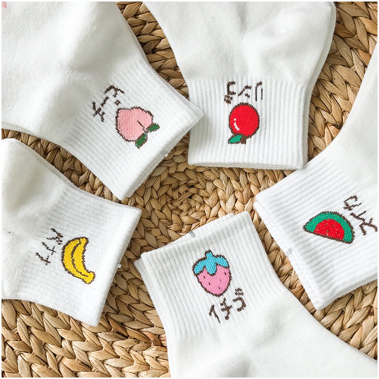 Vớ thể thao cổ cao màu trơn in họa tiết trái cây phong cách Hàn Quốc