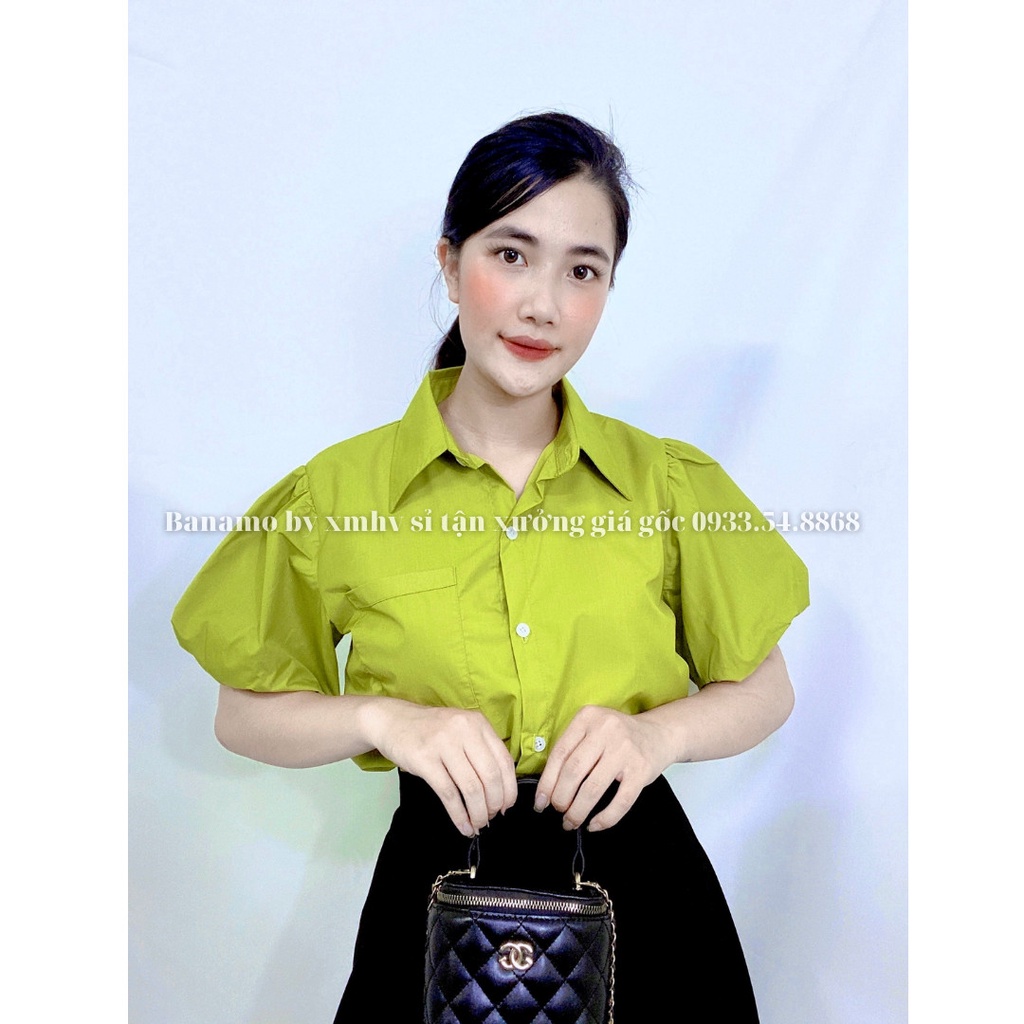 Áo sơ mi nữ tay bồng hàng thiết kế thời trang Banamo Fashion áo sơ mi cộc tay 3920