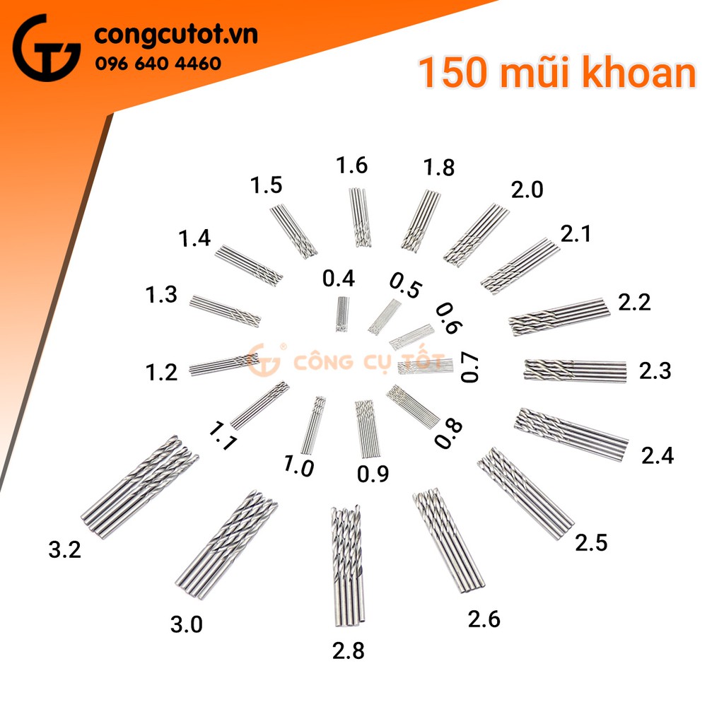 Hộp 150 mũi khoan chính xác 0.4-3.2mm bước đường kính 0.1mm thép gió