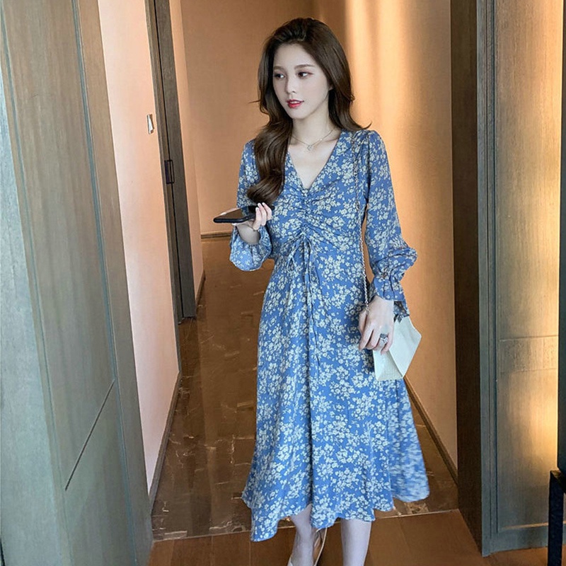 IELGY Đầm Voan Hoa Dài Tay Cổ Chữ V Nhấn Eo Cao Xinh Xắn Dành Cho Nữ