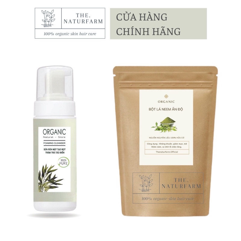 Combo ngừa mụn sáng da gồm Bột lá neem &amp; SRM tạo bọt tràm trà tảo biển 100% organic - cửa hàng thiên nhiên handmade