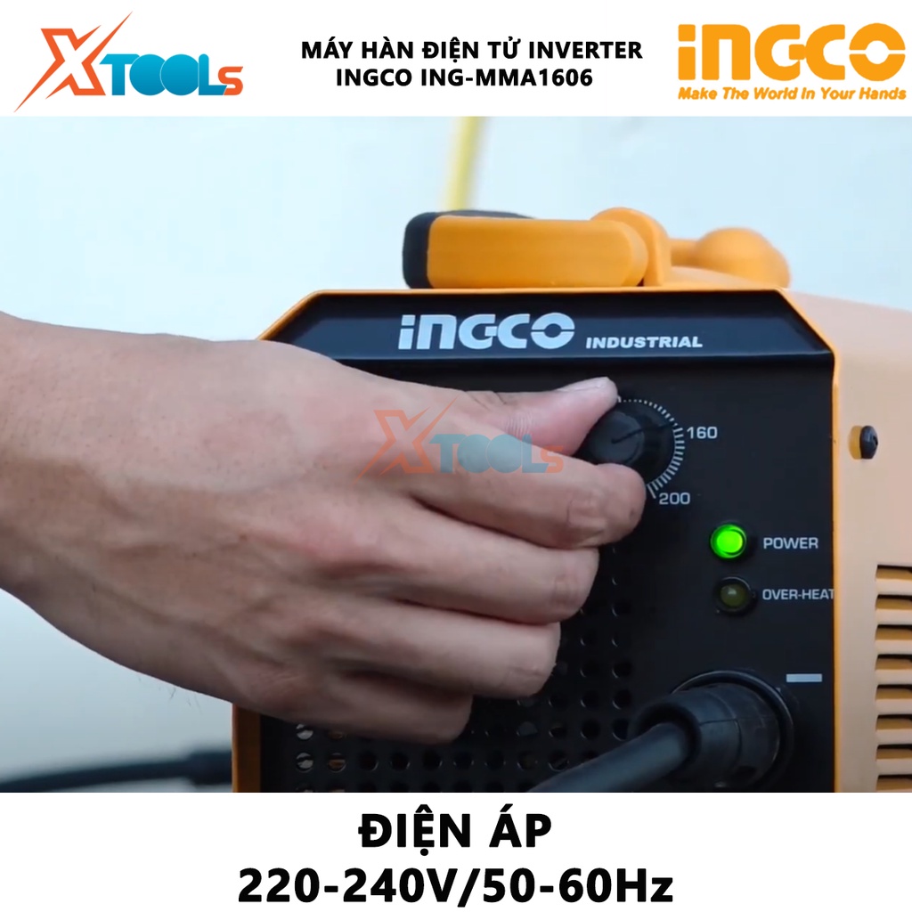 Máy hàn biến tần inverter INGCO ING-MMA1606 | máy hàn que Điện áp không tải 65V, Dòng điện 10-160A, Cấp độ bảo vệ IP21S