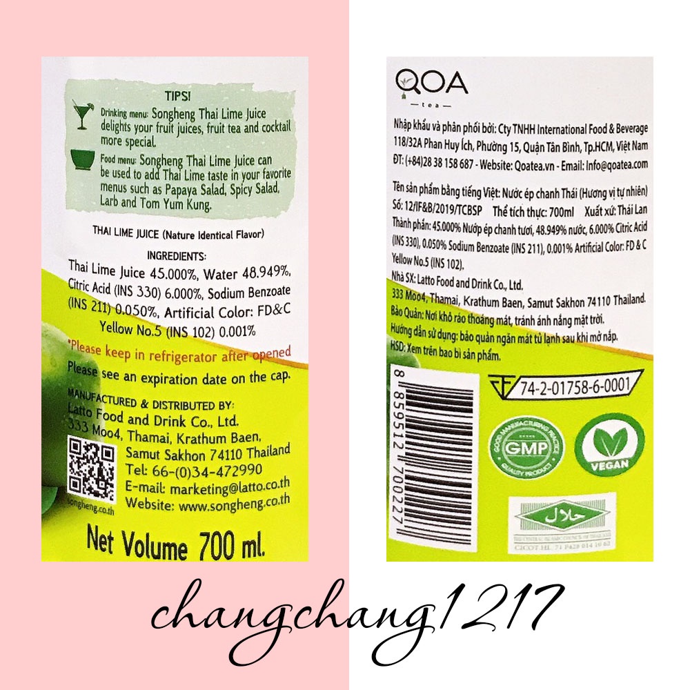 Nước Cốt Chanh Tươi Songheng Chai 700ml