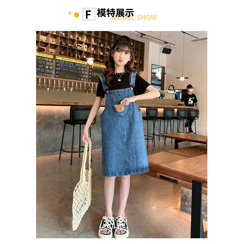 Set Áo Thun Ngắn Tay + Đầm Yếm Jeans Thời Trang Cho Bé Gái