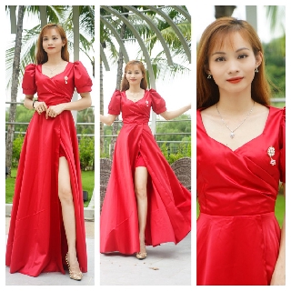 Đầm maxi đỏ tay phồng xẻ tà sang trọng - Hình thật Sp 100%