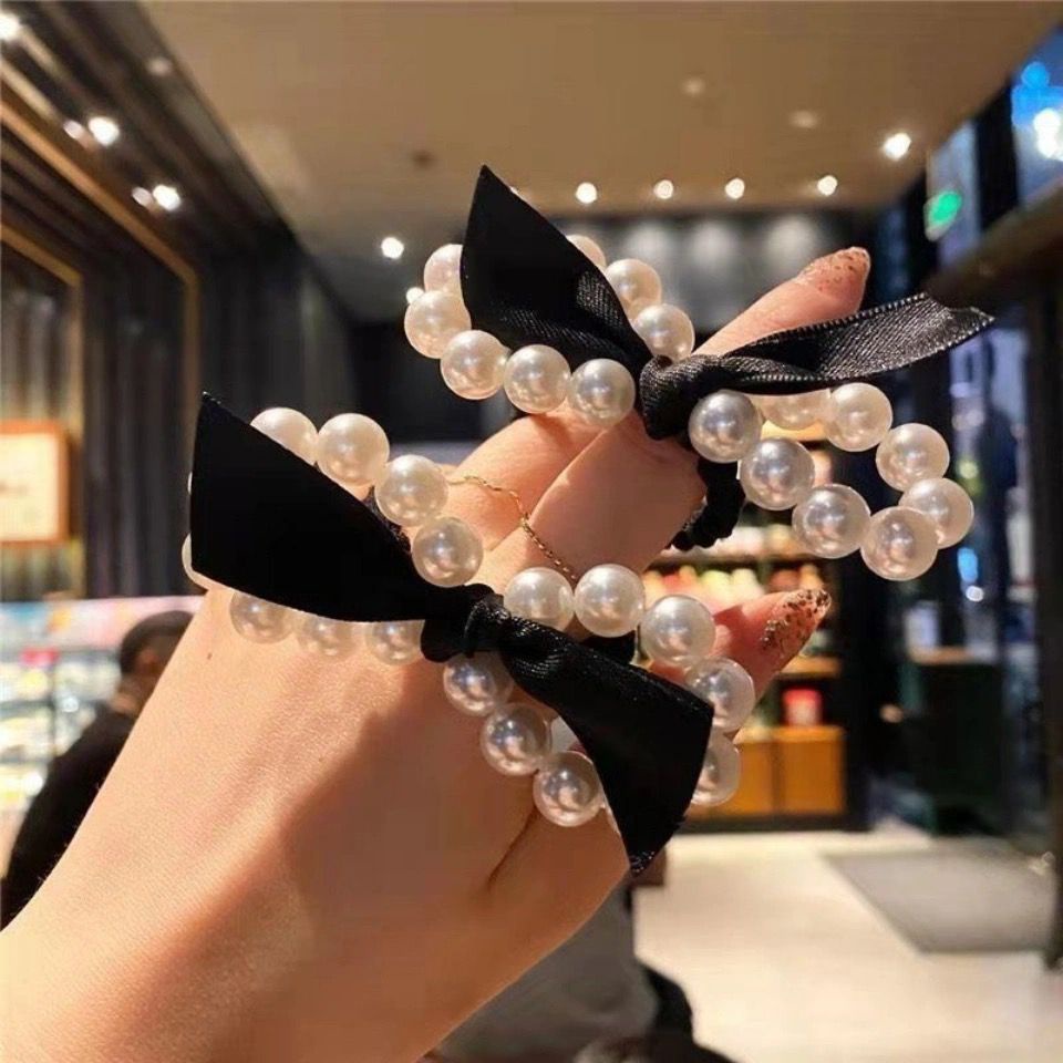 Dây Cột Tóc Co Giãn Hình Nơ Đính Ngọc Trai Lớn Phong Cách Pháp Thanh Lịch Cho Nữ
