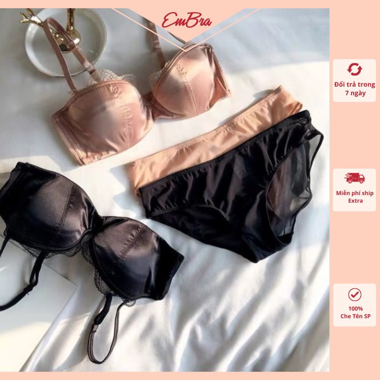 Set Đồ Lót Nữ Satin Có Gọng Đệm Mỏng Cao Cấp, Bộ Nội Y Quyến Rũ Mỏng Gọng Mã EBB21