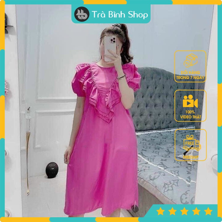 Đầm suông tay bồng cổ tròn Váy xếp ly ngực sang chảnh