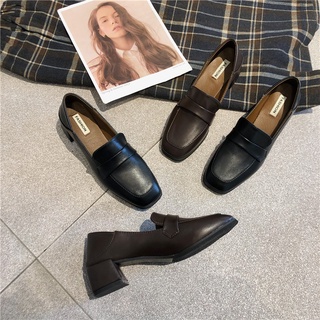 Giày loafer trơn cao gót gót vuông công sở da lì phong cách vintage Hàn Quốc