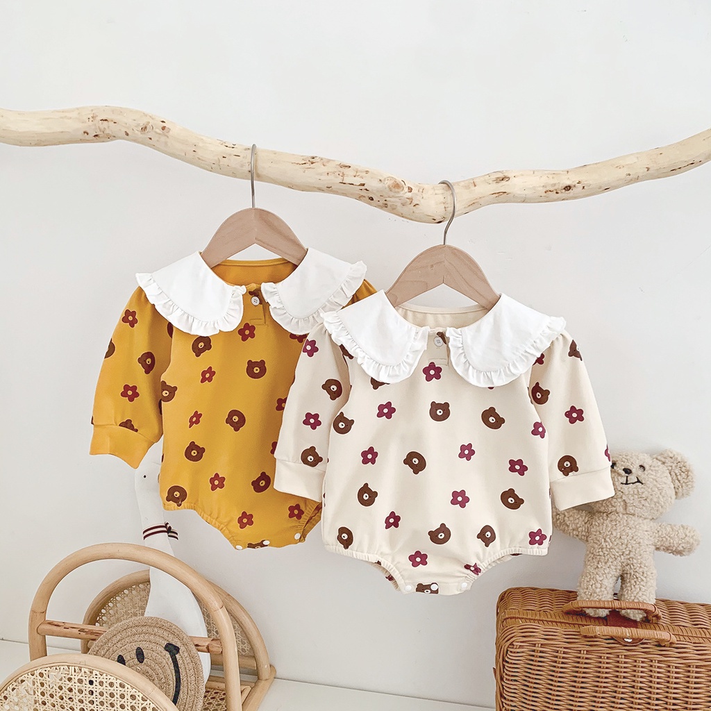 Bộ Áo Liền Quần Tay Dài In Hình Hoa Và Gấu Dễ Thương Cho Bé Gái