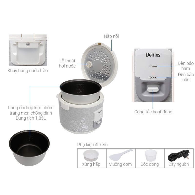 Nồi cơm điện Delites 1.8 lít NCG1805 - Hàng lướt siêu thị - Bảo hành 12 tháng | BigBuy360 - bigbuy360.vn