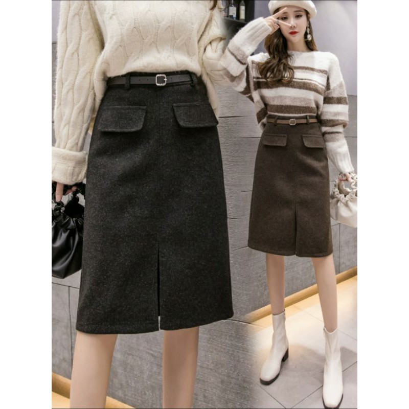 chân váy dạ xù xẻ trước