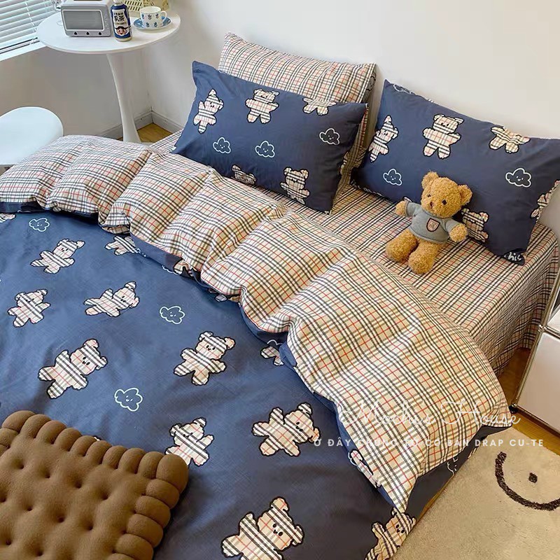 BỘ CHĂN GA GỐI COTON POLY MẪU GẤU TEDDY XANH SIÊU CUTE GA GIƯỜNG ĐẸP