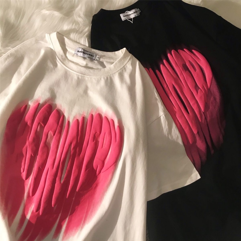 Áo Thun 100% Cotton Cổ Tròn Tay Ngắn Dáng Rộng In Hình Trái Tim Plus Size Phong Cách Hàn Quốc Cho Nam Nữ