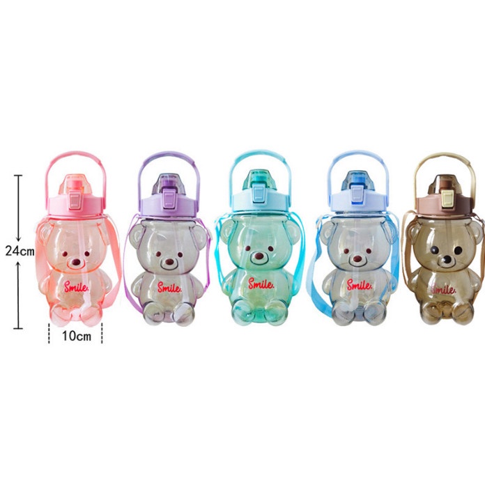 Bình nước cho bé, bình nước hình gấu, bình đựng nước cho bé cute 1000ml tặng kèm ống hút tặng kèm stiker 3D