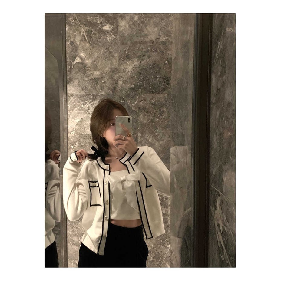 Áo khoác mỏng xuân hè cardigan viền đen tiểu thư dễ thương Jennie
