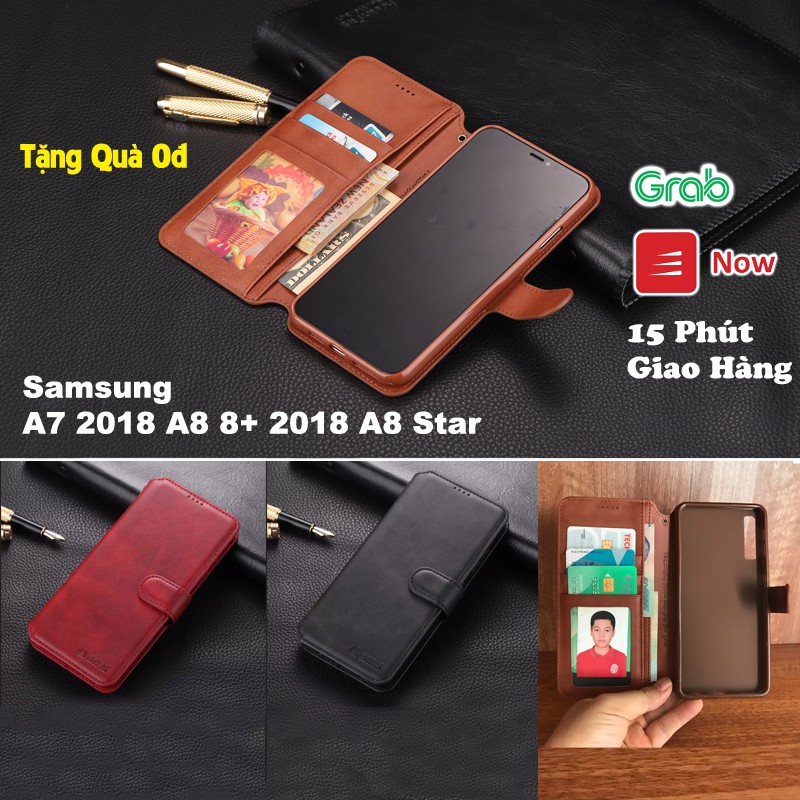 Bao da ốp lưng điện thoại Samsung A7 A8 A9 A8+ 2018 A8 star kèm ví gập nắp da thật mềm mịn bền màu - azns