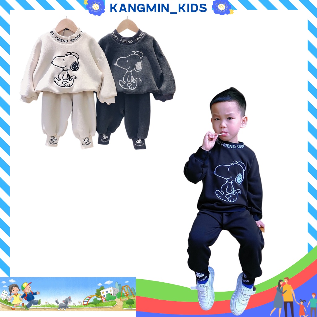 Bộ nỉ bông cho bé trai bé gái thêu hình chú chó cực xinh và cực ấm Kangmin-kids, quần áo nỉ bé trai bé gái từ 7-27kg