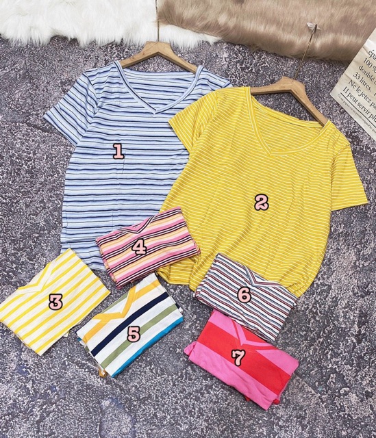 [ Mã WASTAPR giảm 10K đơn 50K] Áo thun cổ tim sọc - FREE SIZE dưới 6Okg | BigBuy360 - bigbuy360.vn