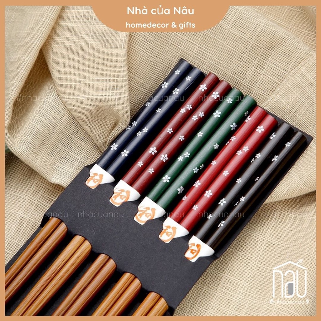 Bộ đũa gỗ phong cách Nhật Bản với họa tiết vân, hoa, cá mèo may mắn đáng yêu