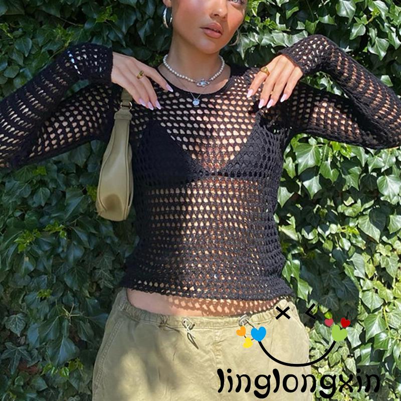 Áo Thun Tay Dài Cổ Tròn Hở Lưng Màu Trơn Dành Cho Nữ Linglongxi2 Size S/M/L