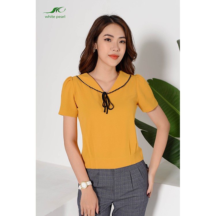 Sơ mi bo gấu nữ thời trang công sở cao cấp tay ngắn cổ sam chất vải mềm mịn đỏ, vàng WHITE PEARL