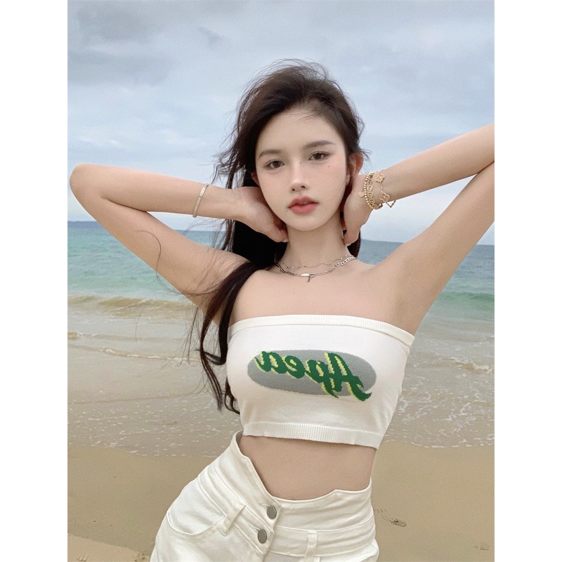 Áo ống kumikumi đan len in logo phong cách Âu Mỹ thời trang cho nữ