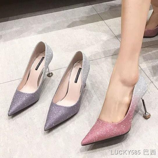 Giày cao gót mũi nhọn sequin 6,5cm phong cách thời trang xuân thu 2022