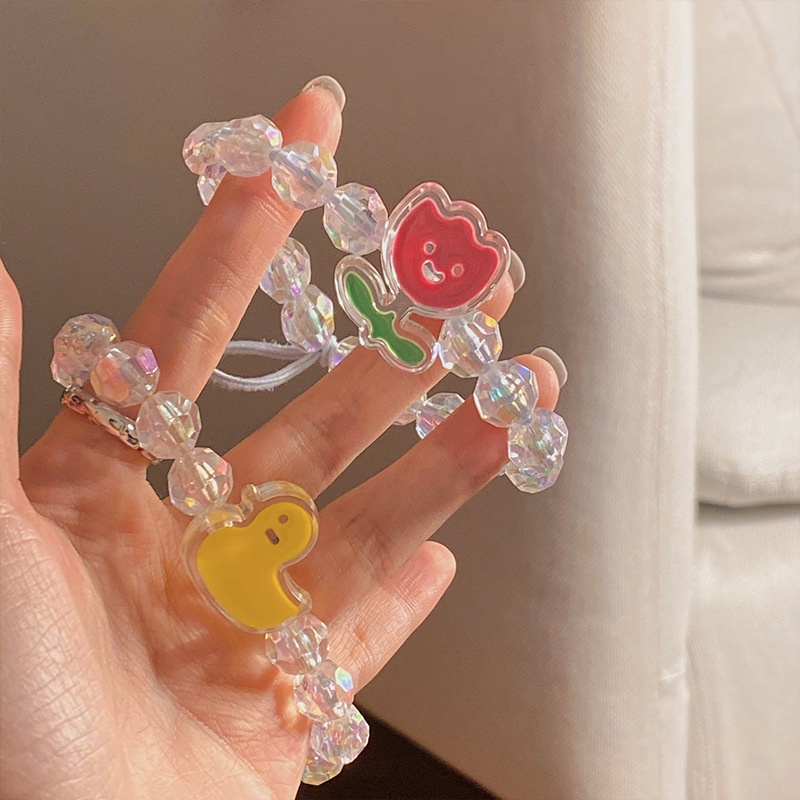 Dây Buộc Tóc Co Giãn Đính Hạt Hình Hoa Lá Và Vịt Dễ Thương